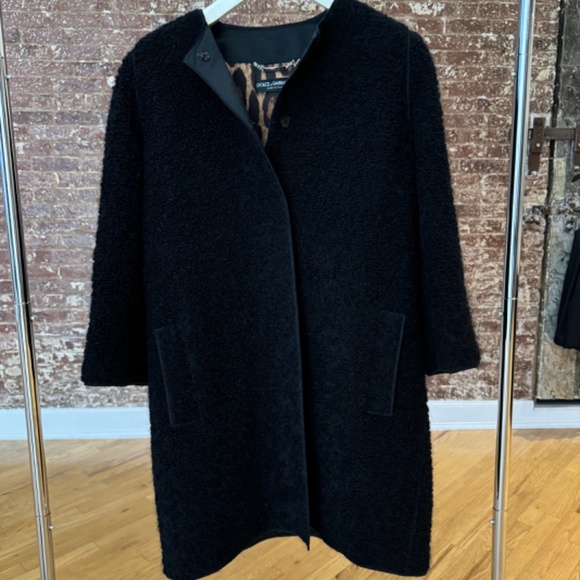 DOLCE & GABBANA - Black Wool/Mohair/Alpaca Coat with Leopard lining - Picture 4 of 16